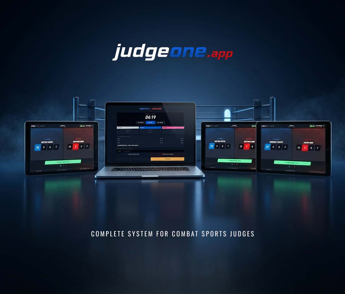Head referee's laptop and three judges' tablets running JudgeOne cageside