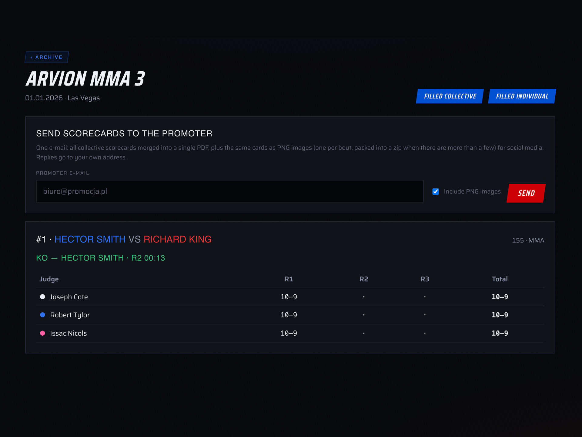 Online panel with a finished event and its scorecards